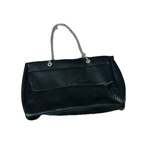 Lancome Black Tote Bag Purse  Rectangular Metal Handles Mid Size Classic Travel